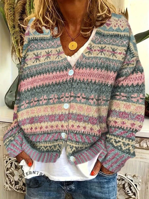 Retro Ethnic Print Buttoned V-neck Cardigan Sweater