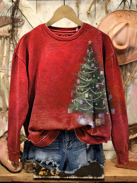 Retro Christmas Tree Print Casual Cotton Sweatshirt