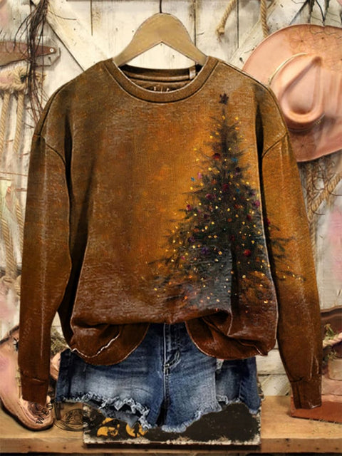 Retro Christmas Tree Print Casual Cotton Sweatshirt