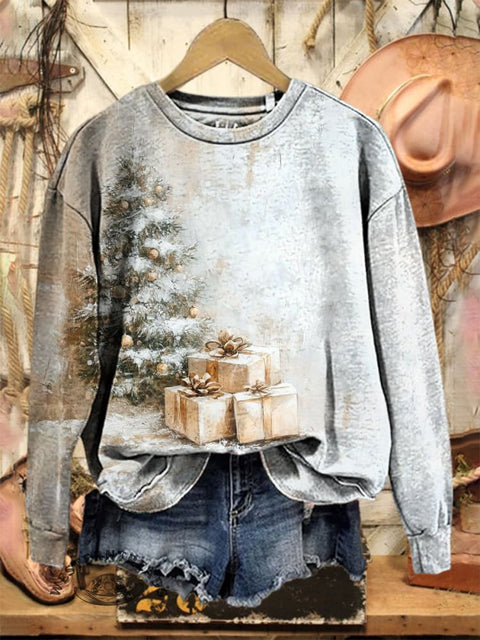 Retro Christmas Tree Print Casual Cotton Sweatshirt