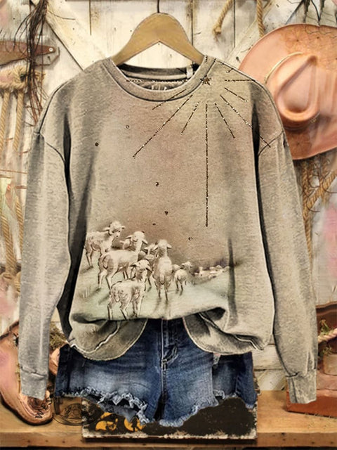 Retro Bible Lamb Print Casual Cotton Sweatshirt