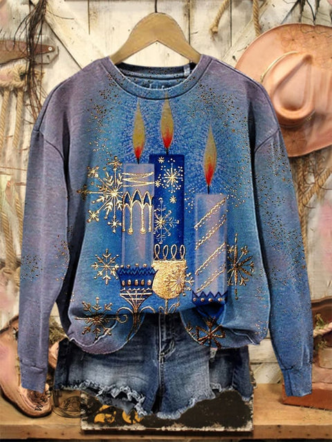 Retro Candle Print Casual Cotton Sweatshirt