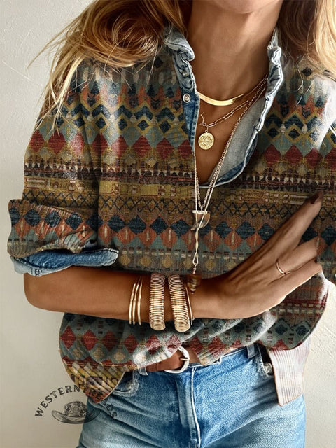 Women's Retro Ethnic Print Casual Pullover Sweater