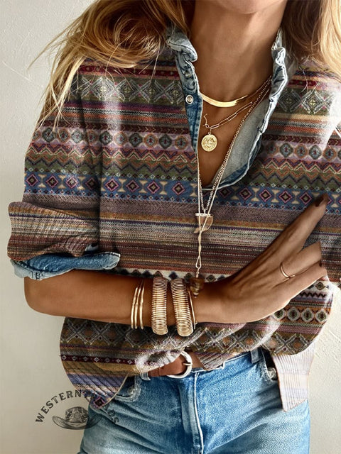 Women's Retro Ethnic Print Casual Pullover Sweater