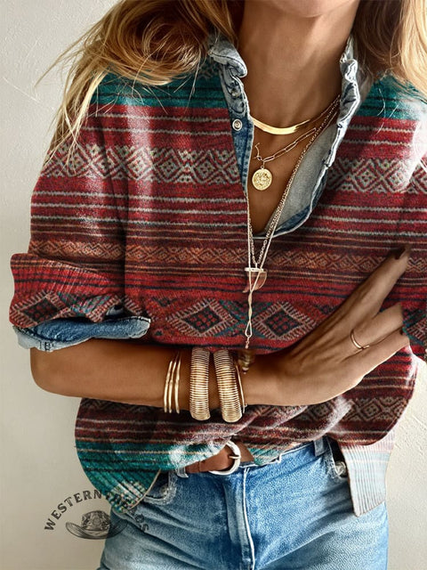 Women's Retro Ethnic Print Casual Pullover Sweater