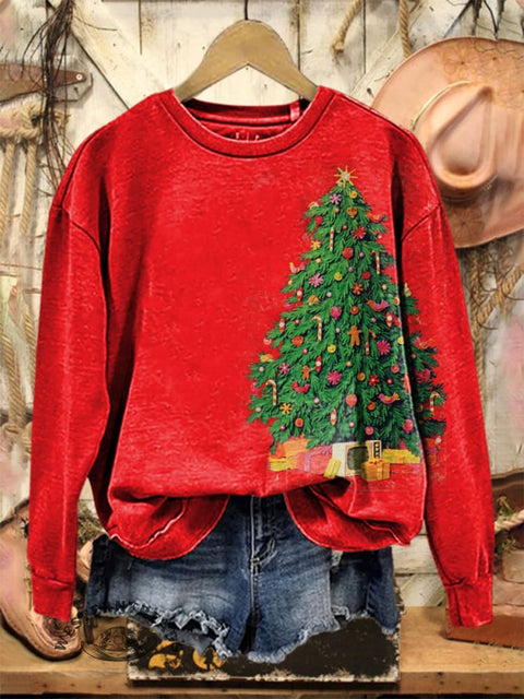 Retro Christmas Tree Print Casual Cotton Sweatshirt