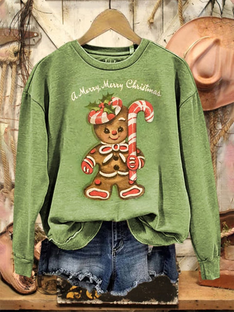 Retro Christmas Gingerbread Man Print Casual Cotton Sweatshirt