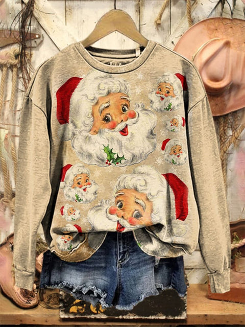 Retro Christmas Santa Claus Print Casual Cotton Sweatshirt