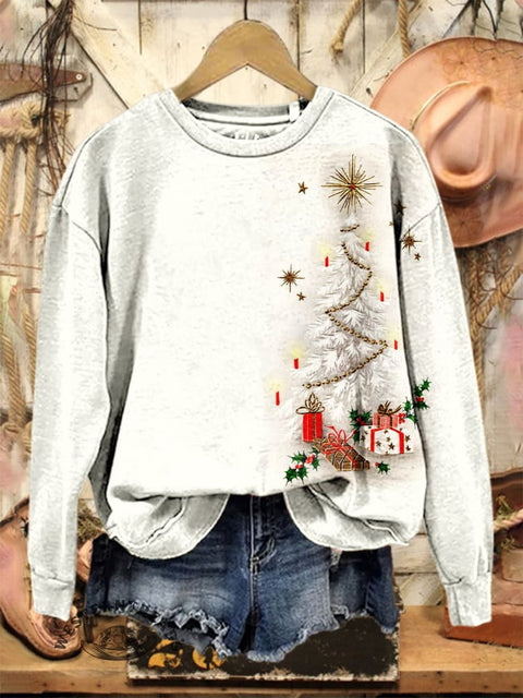 Retro Christmas Tree Print Casual Cotton Sweatshirt