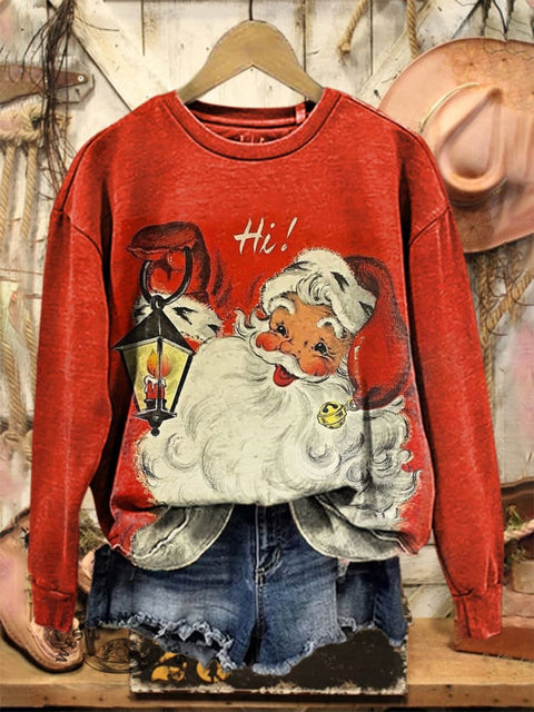 Retro Christmas Santa Claus Print Casual Cotton Sweatshirt