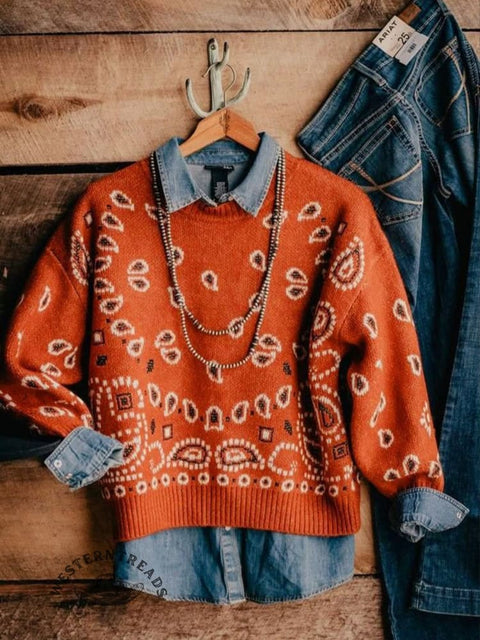 Cashew Flower Print Knit Pullover Sweater