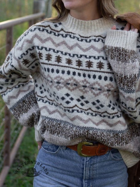 Retro Ethnic Print Knit Pullover Sweater