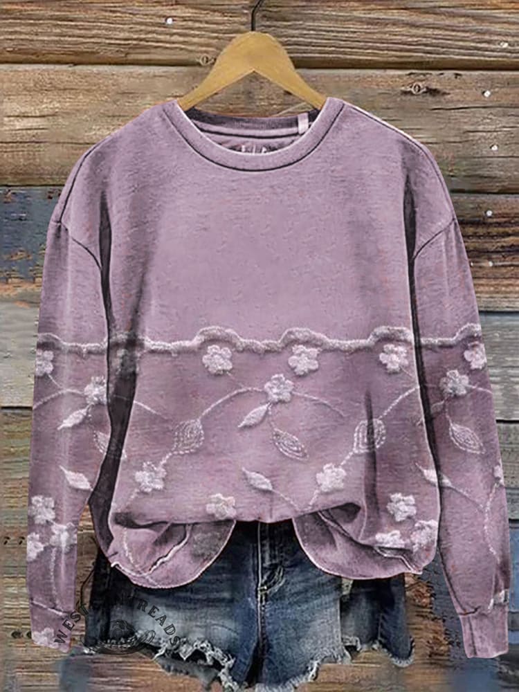 Vintage Flowers Print Casual Cotton Sweatshirt