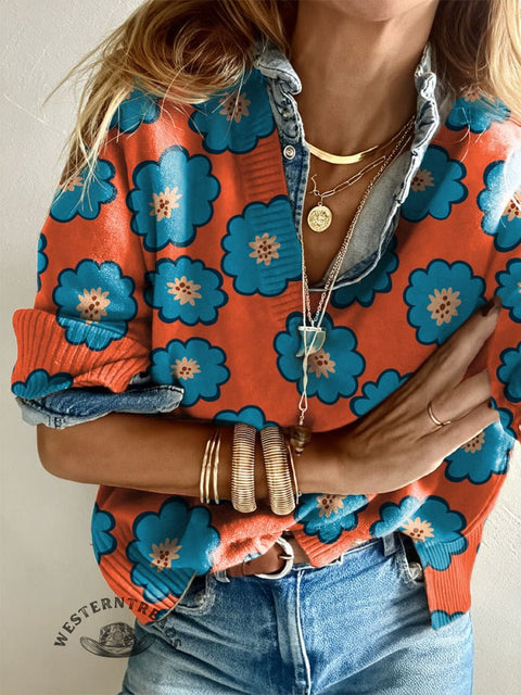 Women's Flowers Print Casual V-neck Pullover Knit
