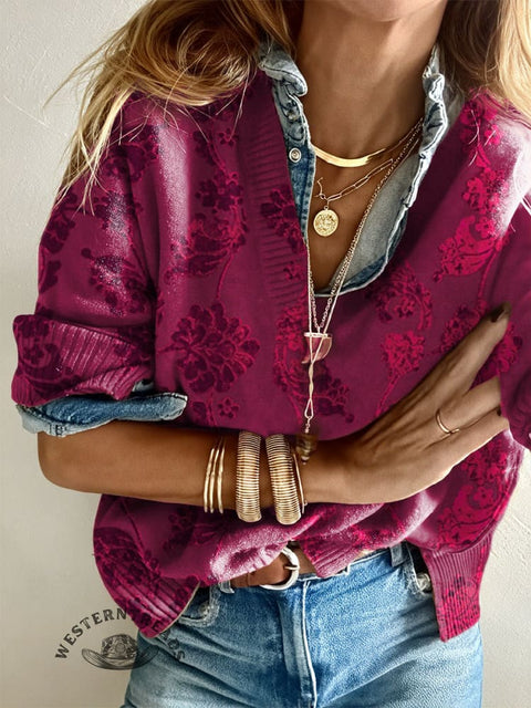 Women's Flowers Print Casual V-neck Pullover Knit