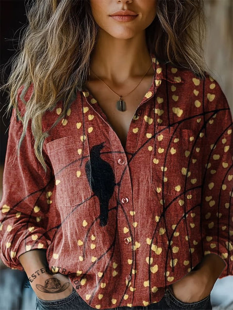 Women's Crow Flower Print Casual Long Sleeve Comfortable Cotton Shirt