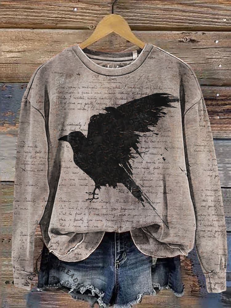 Vintage Crow Print Casual Cotton Sweatshirt