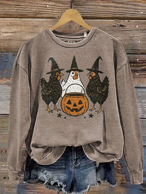 Halloween Pumpkin Chicken Print Casual Cotton Sweatshirt