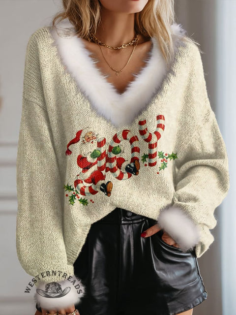 Retro Christmas Santa Claus Joy Print Knit Pullover Sweater
