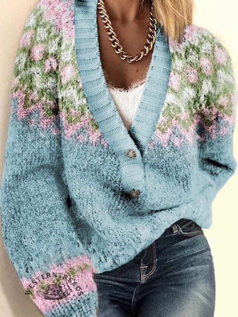 Women's Retro Ethnic Print Casual V-neck Pullover Knit