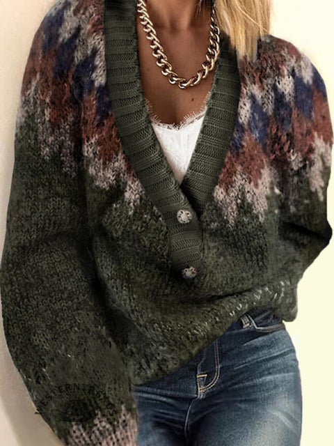 Women's Retro Ethnic Print Casual V-neck Pullover Knit