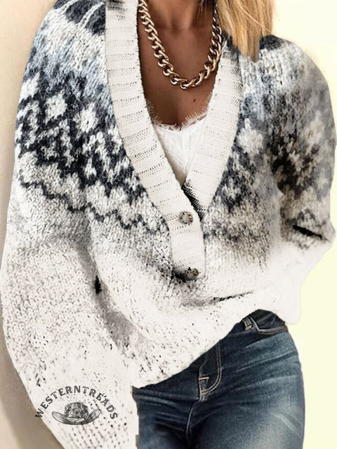 Women's Retro Ethnic Print Casual V-neck Pullover Knit