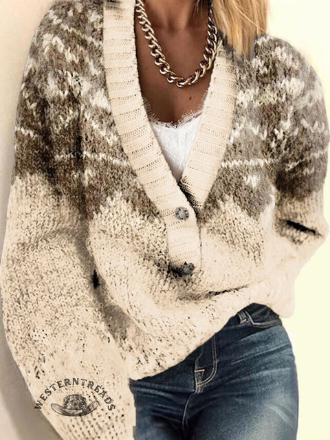 Women's Retro Ethnic Print Casual V-neck Pullover Knit