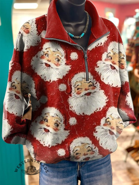 Christmas Santa Claus Print Casual Long Sleeve Zip Sweatshirt