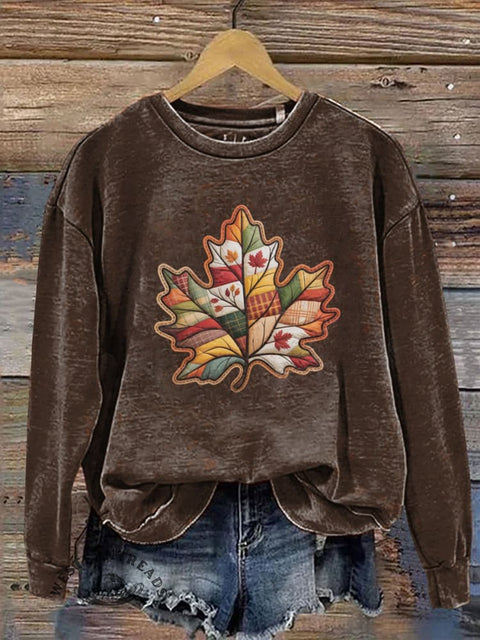 Retro Leaf Print Casual Cotton Sweatshirt