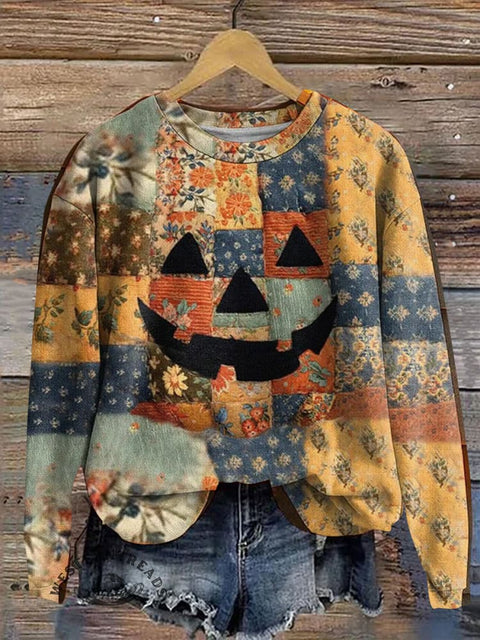 Retro Ethnic Pumpkin Print Casual Cotton Sweatshirt