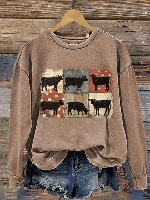 Retro Ethnic Cow Print Casual Cotton Sweatshirt