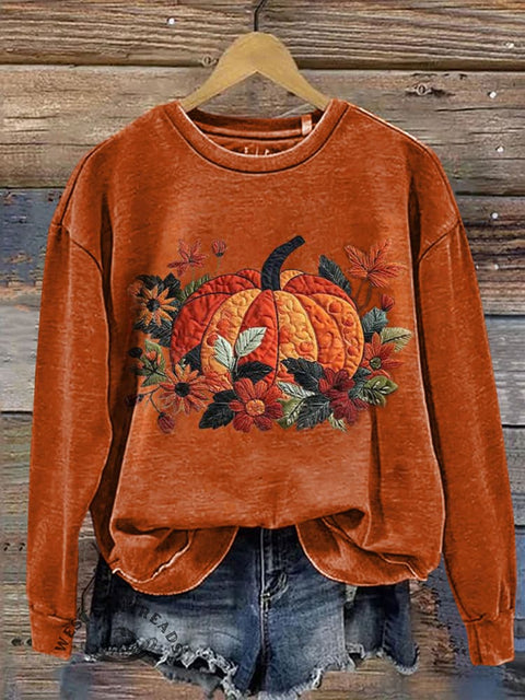 Retro Ethnic Pumpkin Print Casual Cotton Sweatshirt