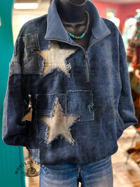 Retro Star Print Casual Long Sleeve Zip Sweatshirt