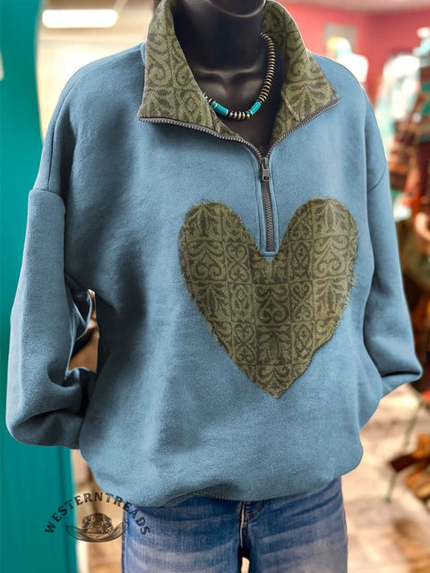 Retro Ethnic Heart Print Casual Long Sleeve Zip Sweatshirt
