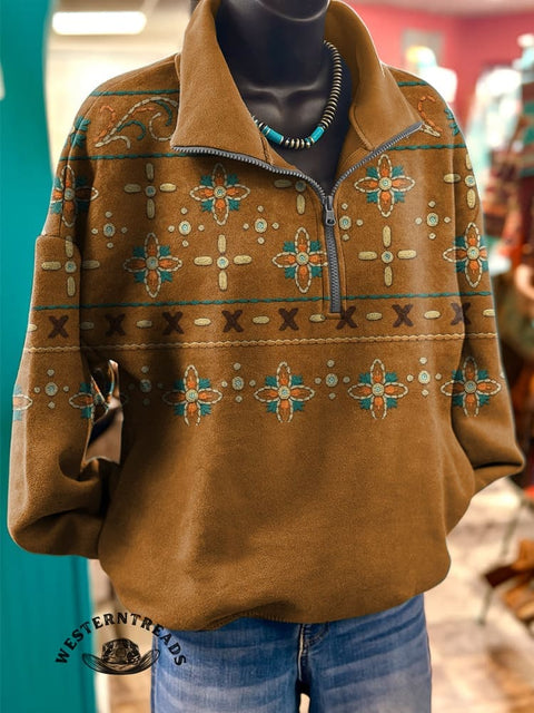 Retro Ethnic Print Casual Long Sleeve Zip Sweatshirt
