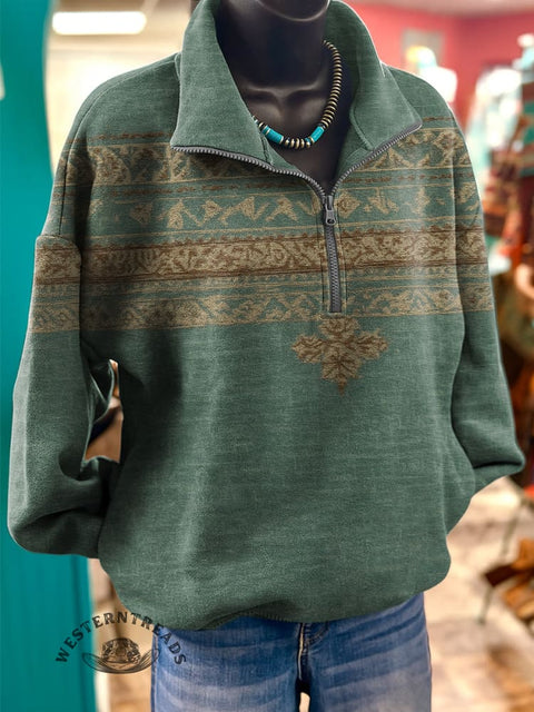 Retro Ethnic Print Casual Long Sleeve Zip Sweatshirt