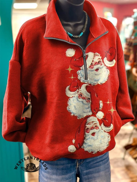 Retro Christmas Santa Claus Print Casual Long Sleeve Zip Sweatshirt