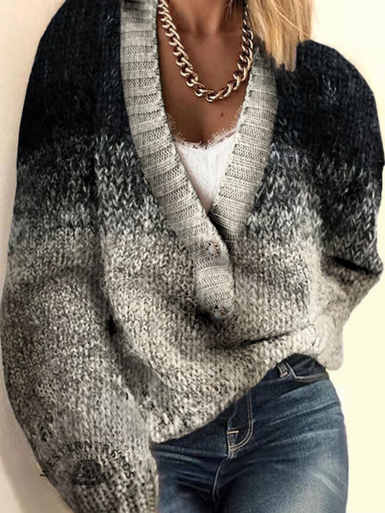 Women's Retro Ethnic Print Casual V-neck Pullover Knit