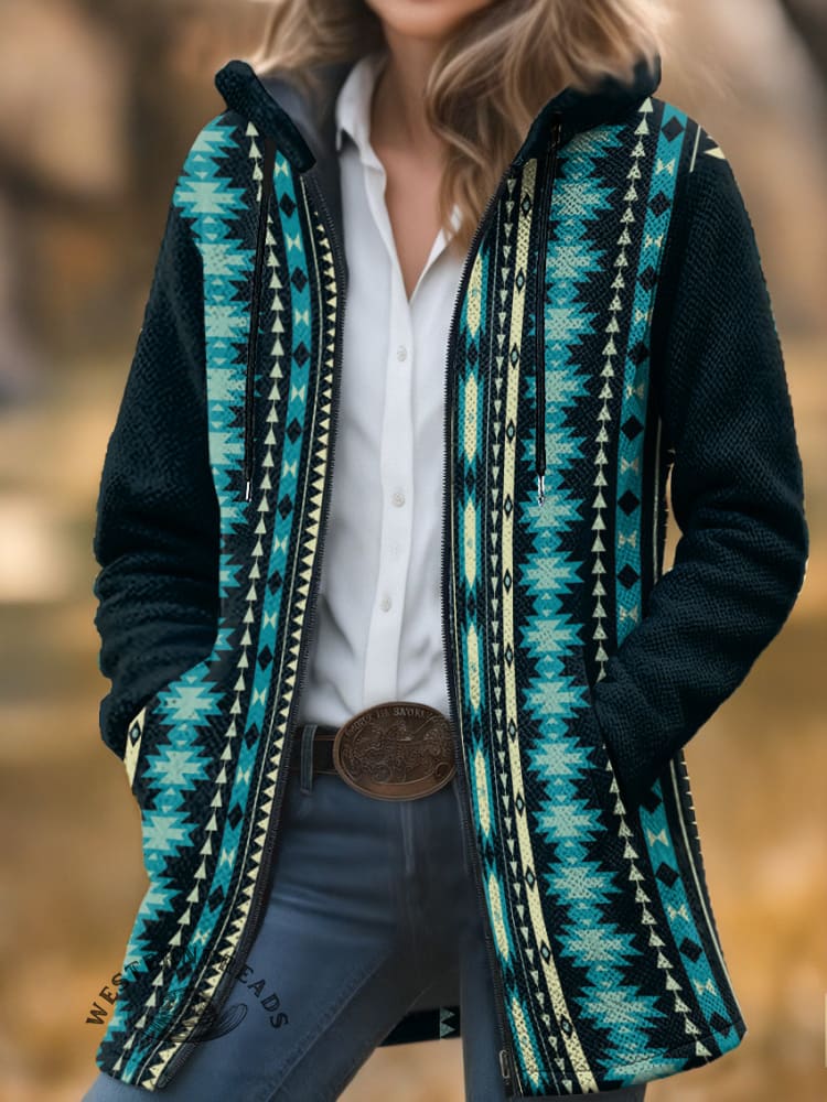 Aztec Print Unisex Plush Thick Long-Sleeved Cardigan Coat