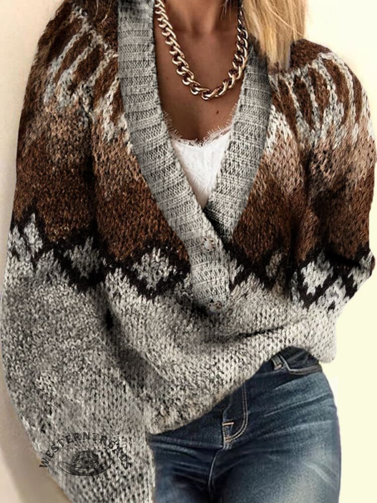 Retro Ethnic Print Buttoned Cardigan Sweater