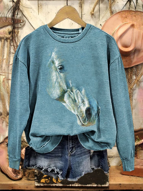 Retro Horse Pattern Casual Cotton Sweatshirt