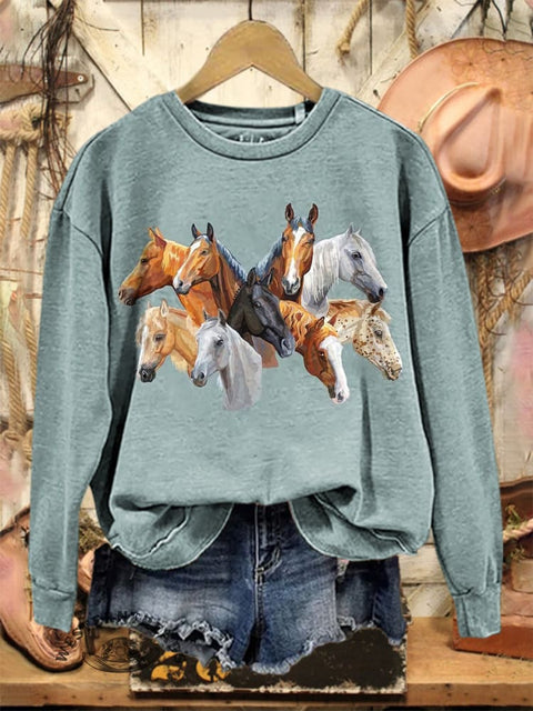 Retro Horse Pattern Casual Cotton Sweatshirt