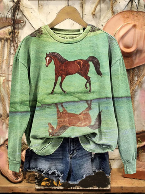 Retro Horse Pattern Casual Cotton Sweatshirt