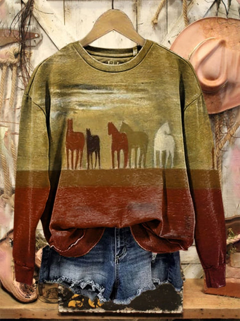Retro Horse Pattern Casual Cotton Sweatshirt