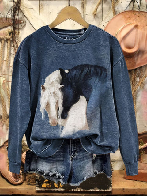 Retro Horse Pattern Casual Cotton Sweatshirt