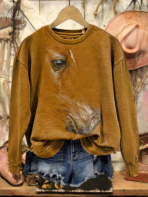 Retro Horse Pattern Casual Cotton Sweatshirt