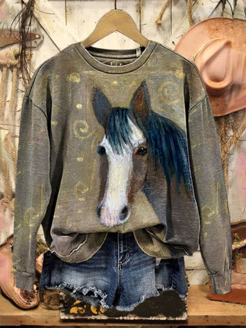 Retro Horse Pattern Casual Cotton Sweatshirt