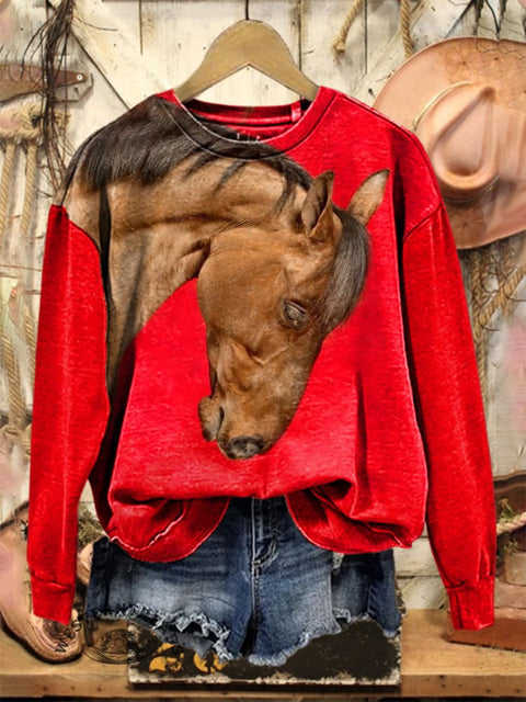 Retro Horse Pattern Casual Cotton Sweatshirt