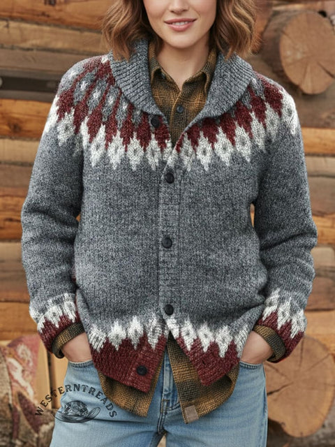 Retro Ethnic Pattern Print Knit V-neck Pullover Sweater