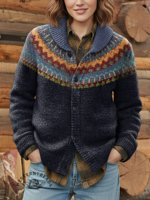Retro Ethnic Pattern Print Knit V-neck Pullover Sweater